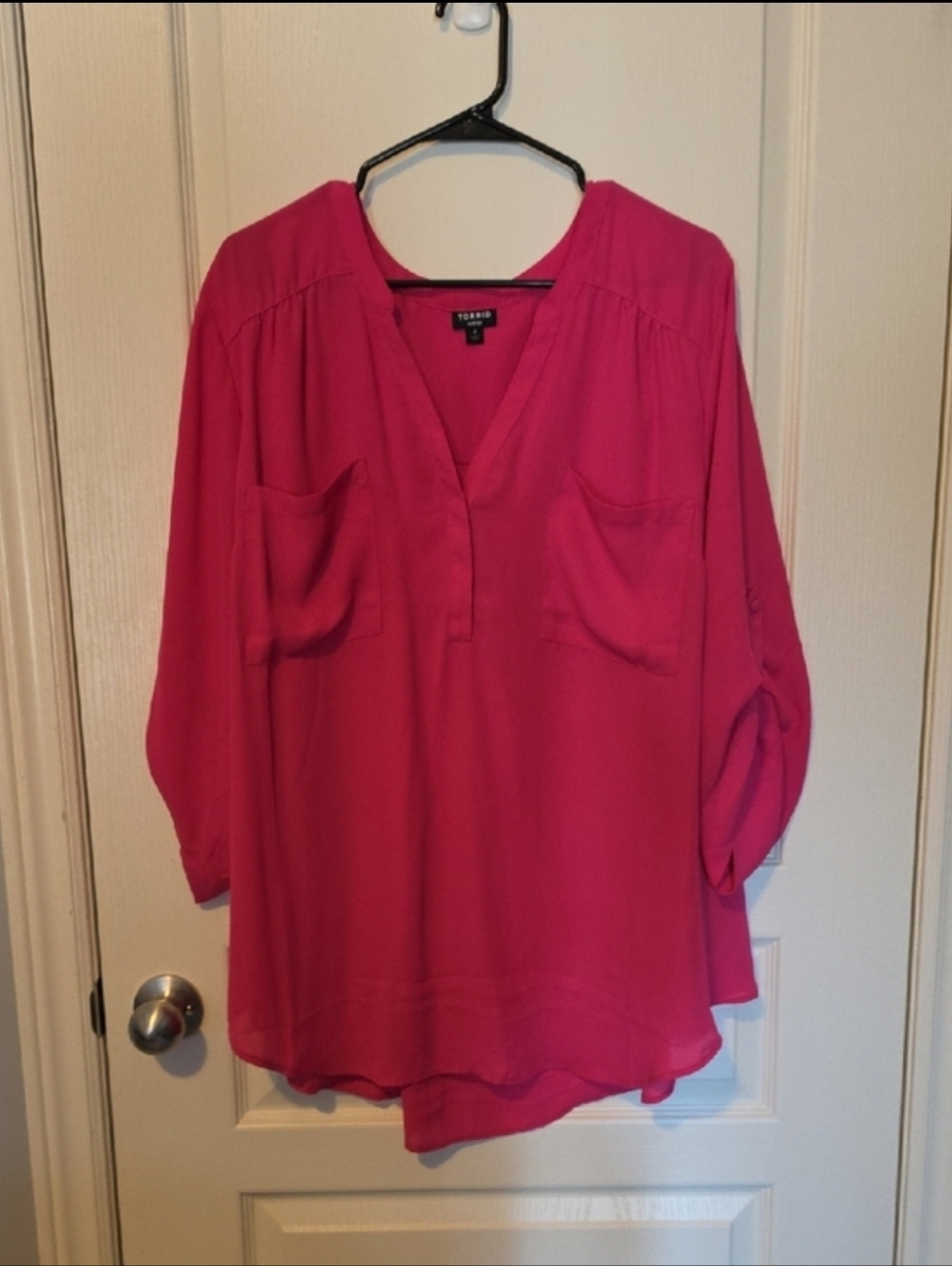 torrid V-Neck Roll-Sleeve Harper Blouse in Hot Pink - Picture 3 of 8